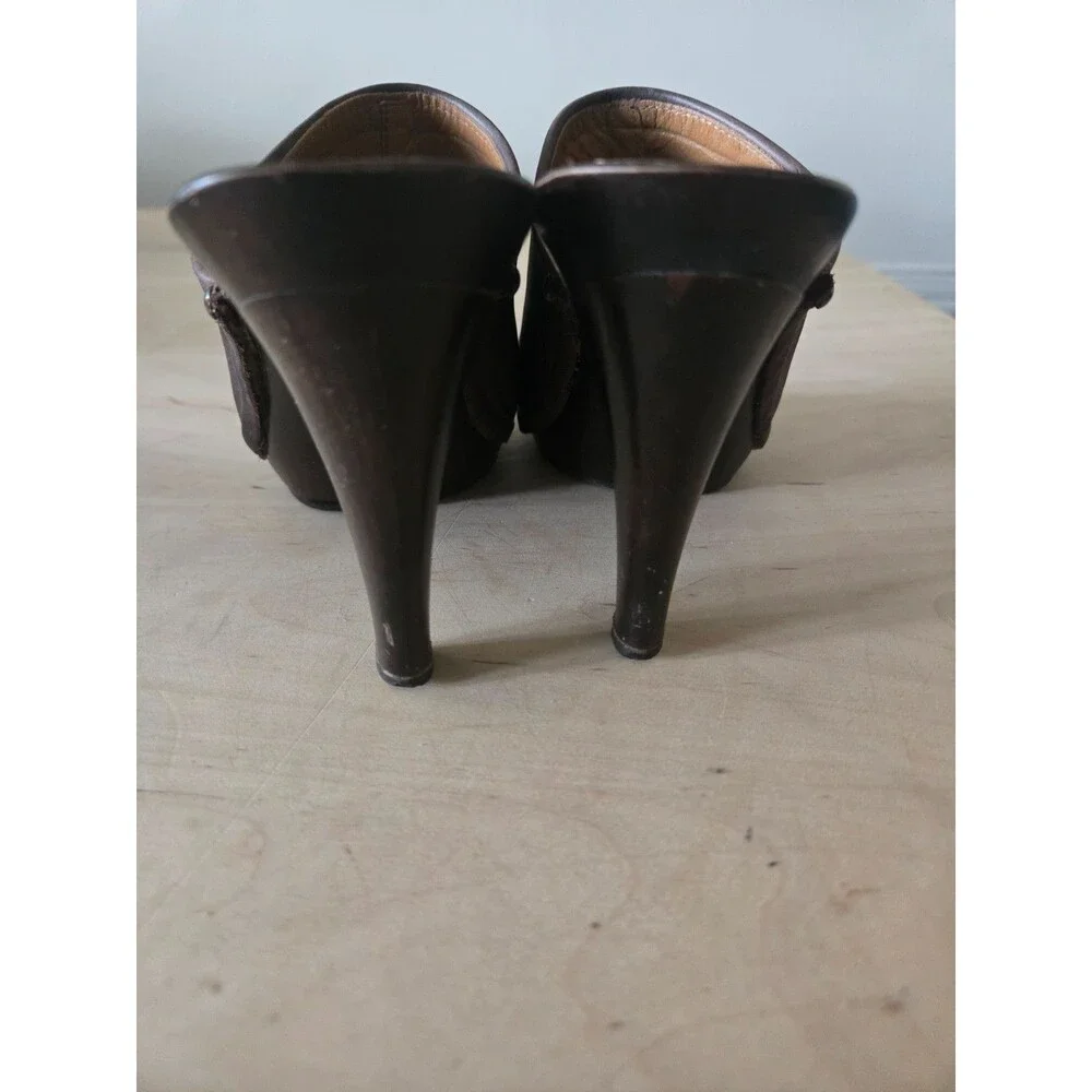 KORS Michael Kors Brown Wood Stiletto Leather Clog Mules size 6 Boho Vintage‎